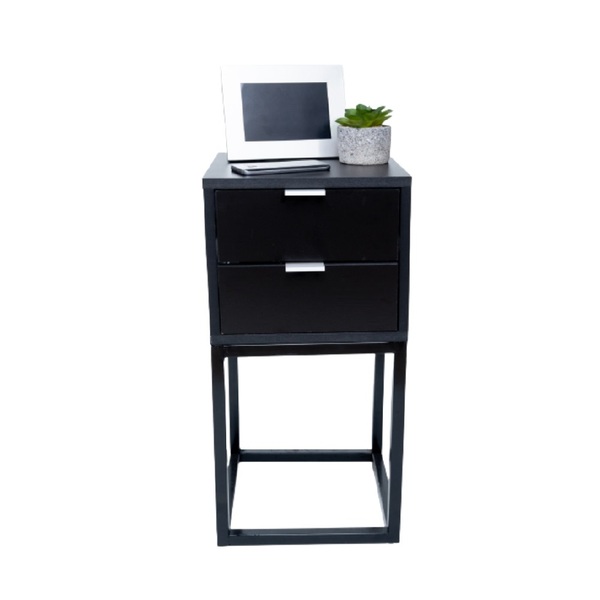 Mesa De Cabeceira Industrial Preto C/ 2 Gavetas Base Preta