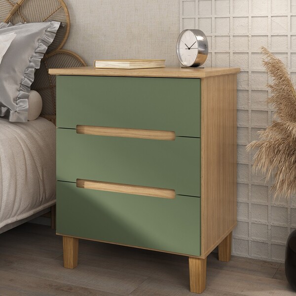 Mesa De Cabeceira Logan 3 Gavetas Olmo Italiano/verde - Mambel