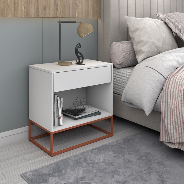 Mesa De Cabeceira Malta Estilo Industrial Branco Pés Cobre