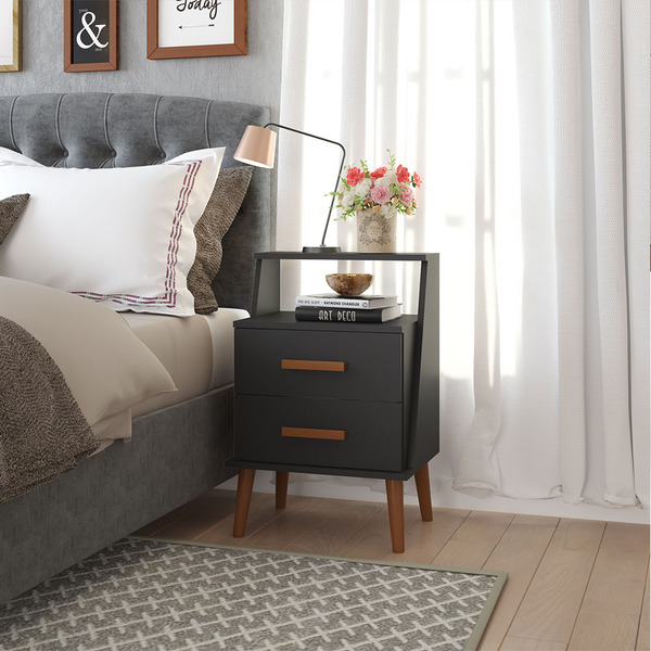 Mesa De Cabeceira Retrô 2 Gavetas Pés Palito Arizona  Preto