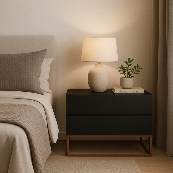 Mesa De Cabeceira Retrô Alto Padrão Com 2 Gavetas Base Cobre