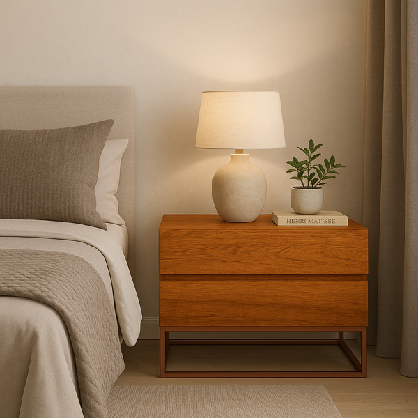 Mesa De Cabeceira Retrô Alto Padrão Com 2 Gavetas Base Cobre