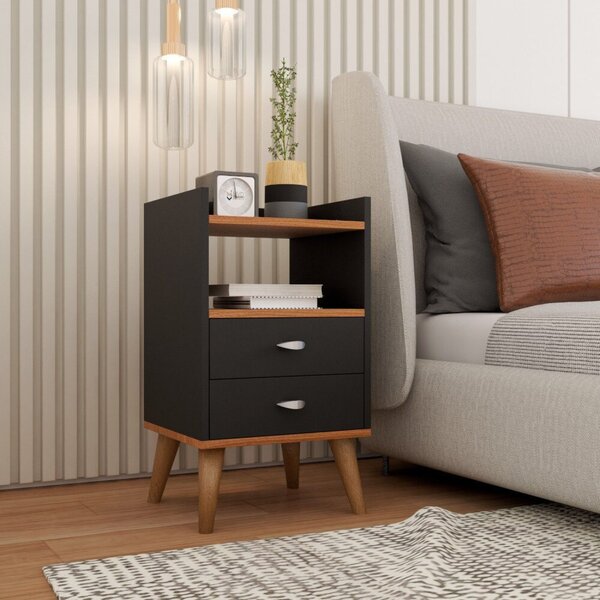 Mesa De Cabeceira Retrô Pés Palito Em Madeira Maciça 2 Gaveta