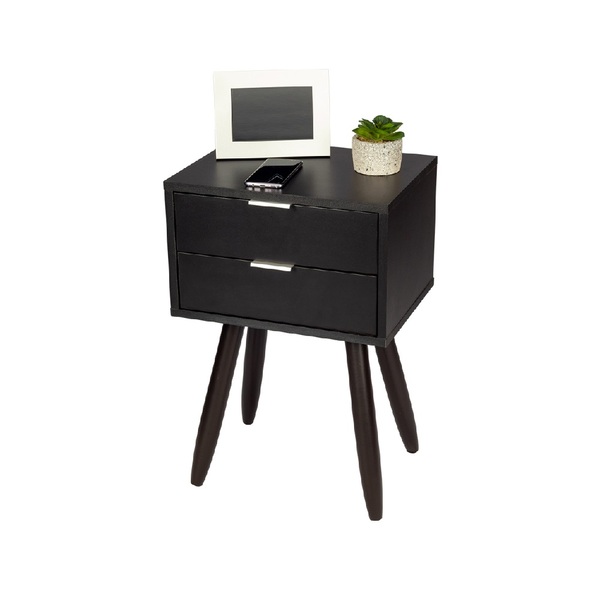 Mesa De Cabeceira Retrô Preto 30x60cm 2 Gavetas Pé Marrom