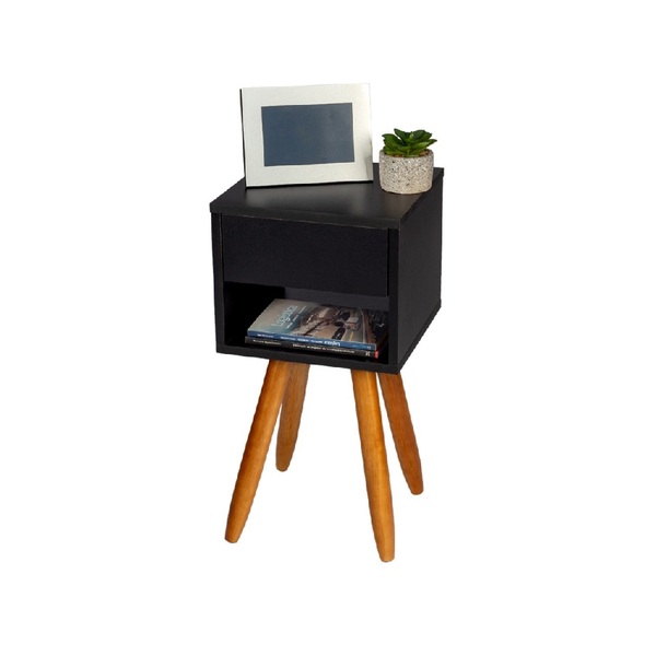 Mesa De Cabeceira Retrô Preto 30x60cm C/ Pé Palito Castanho