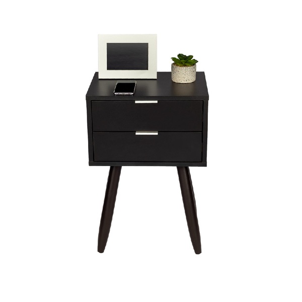 Mesa De Cabeceira Retrô Preto 40x60cm 2 Gavetas Pés Marrom