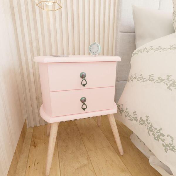 Mesa De Cabeceira Retro Rosa Em Madeira Laqueado B3
