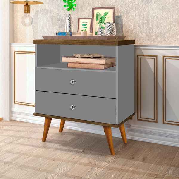 Mesa De Cabeceira Retrô Status 2 Gavetas Cinza Com Jequitiba