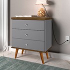 Mesa De Cabeceira Retrô Status 3 Gavetas Cinza Com Jequitiba