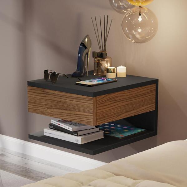 Mesa De Cabeceira Suspensa Decor 1 Gaveta - Preto/freijó - Rp