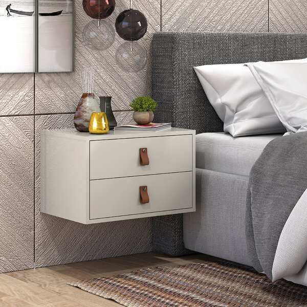 Mesa De Cabeceira Suspensa Off White 45cm 2 Gavetas