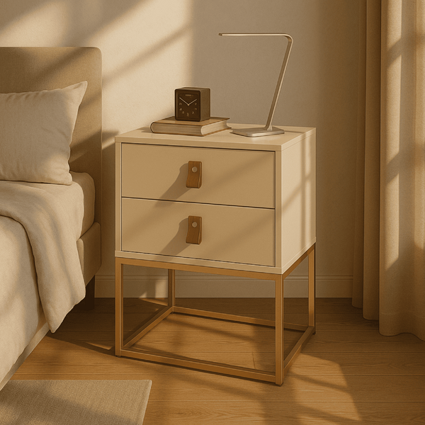 Mesa De Cabeceira Unic 45 Off White Base Metalica Dourada