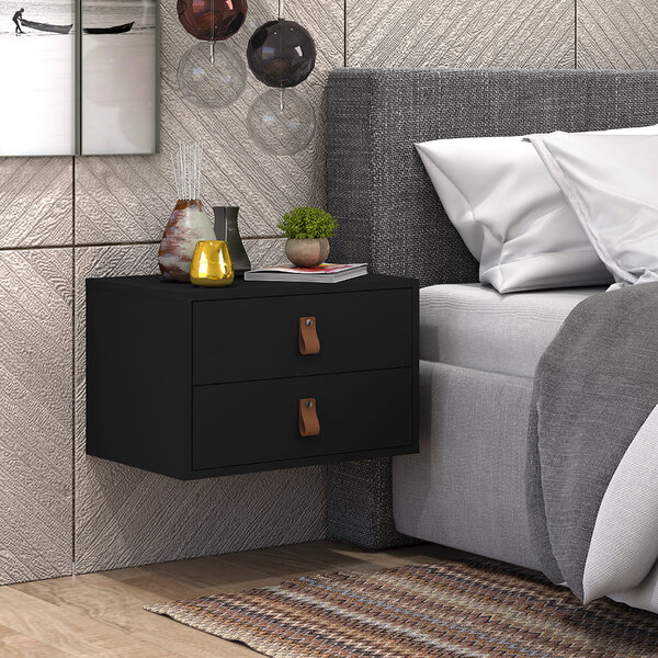 Mesa De Cabeceira Unic 45 Preto Pux Couro 2 Gavetas