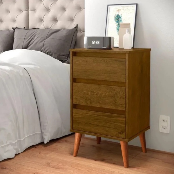 Mesa De Cabeceira Wood 3 Gavetas Retrô Pés Palito - Malbec -