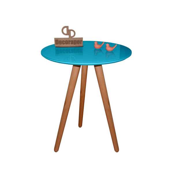 Mesa De Canto Com Vidro Tripé 70cm - Azul Turquesa - 50cm