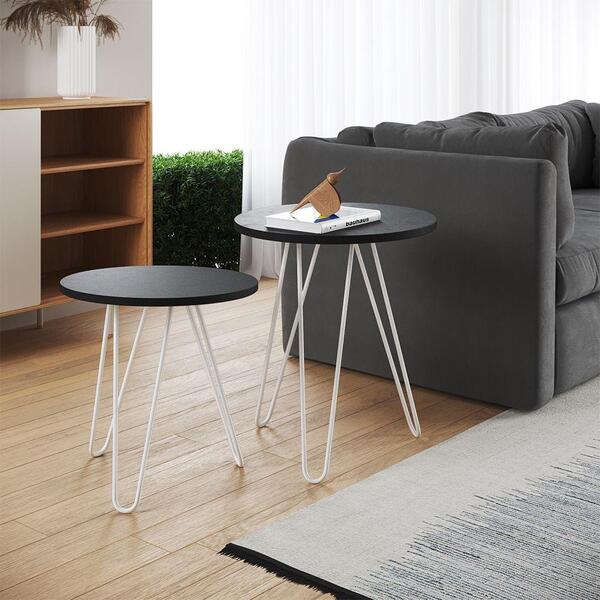 Mesa De Canto Duo Lisboa Ferro Branco Tampo Preto