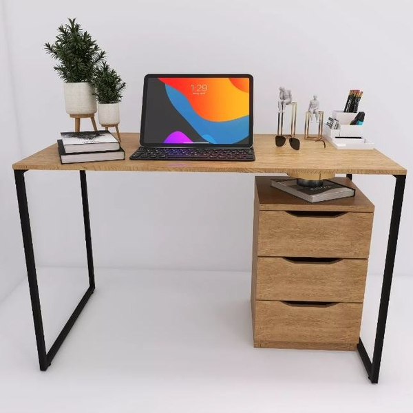 Mesa De Canto E Gaveteiro Notebook Móvel Cor Mel