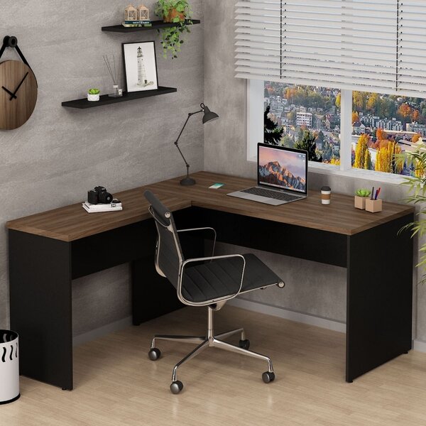Mesa De Canto Em L Para Escritório Tampo 140cm Nogal Nogal