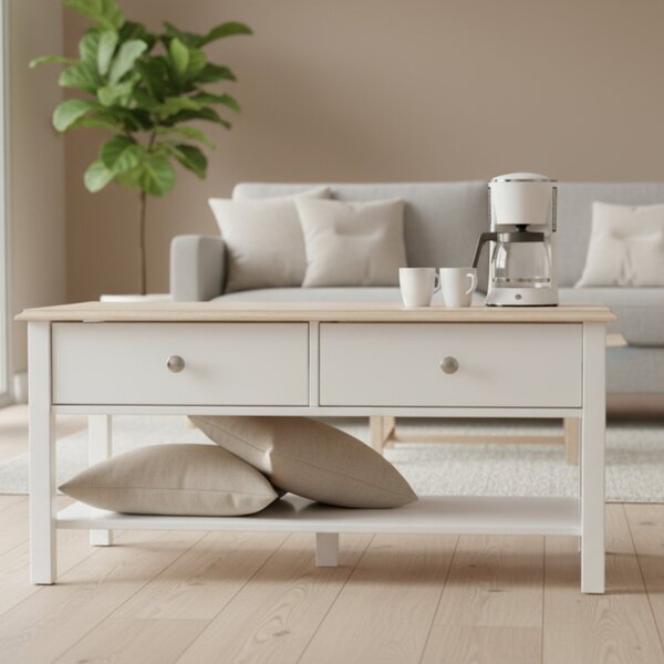 Mesa De Centro 2 Gavetas 100cm Tampo De Madeira Maciça Escova