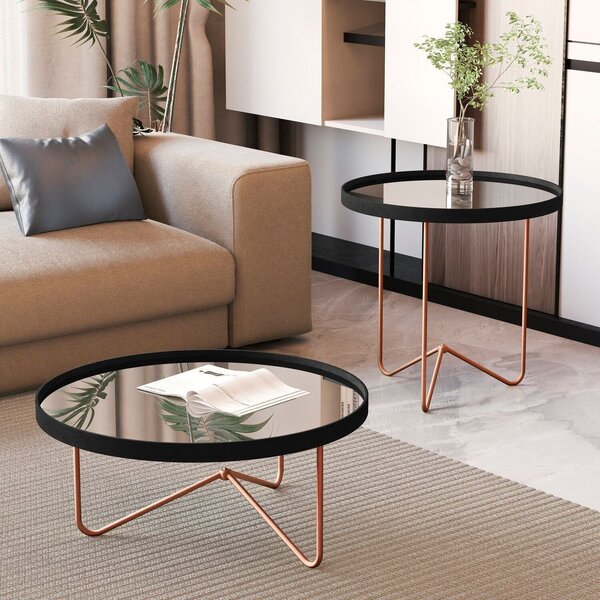 Mesa De Centro Com Borda Em Couro Sintético Com Espelho E Pés