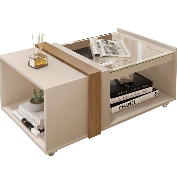 Mesa De Centro Com Vidro Mobiliário Para Sala Com Rodízios Of