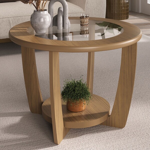 Mesa De Centro Dubai 100% Mdf Com Vidro Carvalho - Pnr Móveis