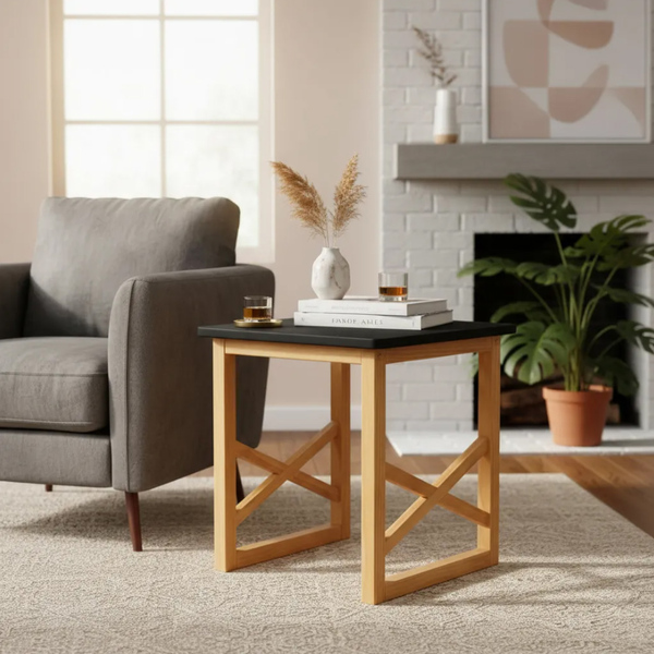 Mesa De Centro Em Madeira Quadrada Lateral Apoio Sofá - Preto