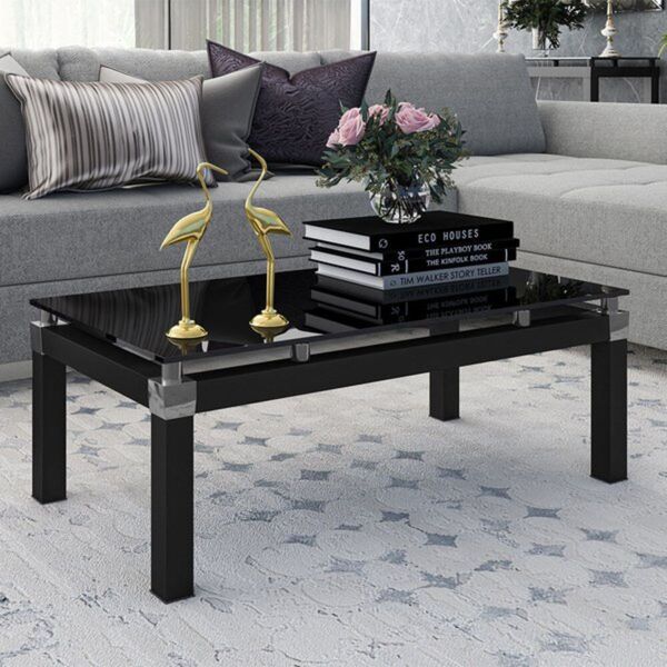 Mesa De Centro Estilo Industrial Malva Tampo De Vidro Preto