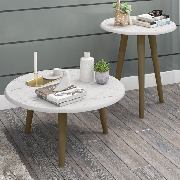 Mesa De Centro Kit 2 Peças Brilhantes Redondas Carrara - Bech