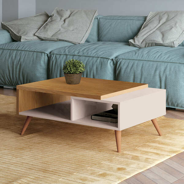 Mesa De Centro Marchê 90cm 2 Nichos Carvalho Intense Off Whit