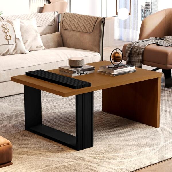 Mesa De Centro Milano Nature Preto Com Detalhe Ripado