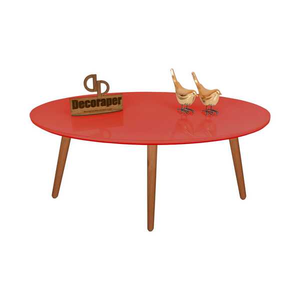 Mesa De Centro Oval + 2 Mesas De Canto Tripé - Vermelha