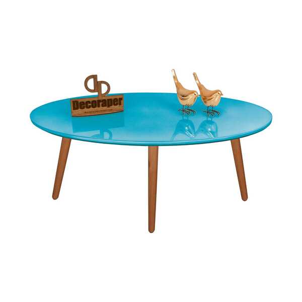 Mesa De Centro Oval Laqueada Com Vidro Colado Pé Palito 120x6