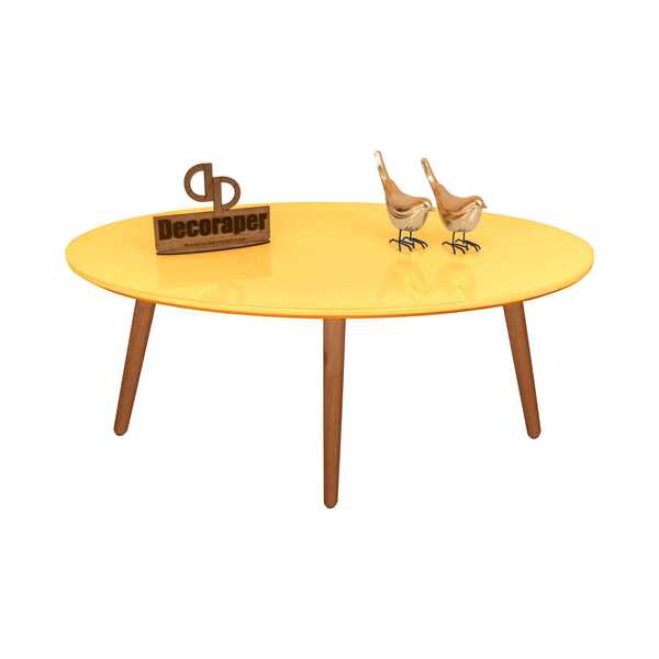 Mesa De Centro Oval Laqueada Com Vidro Pé Palito 80x50 - Amar