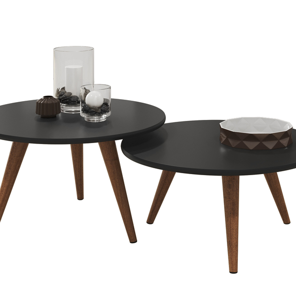 mesa de centro para sala redonda preta conjunto com 2