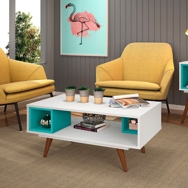 Mesa De Centro Para Sala Retrô 45 Branco Turquesa