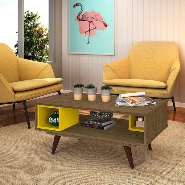 Mesa De Centro Para Sala Retrô 45 Carvalho Amarelo