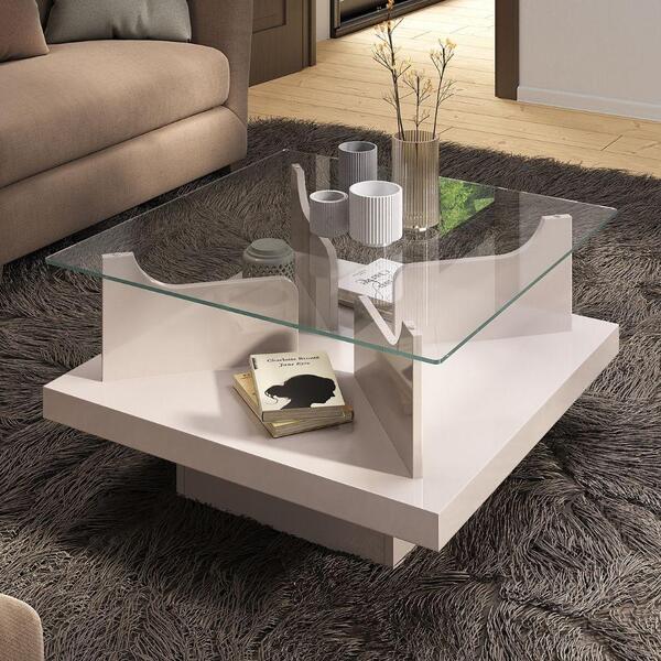 Mesa De Centro Quadrada Tampo Em Vidro Base Tamburato Clear A