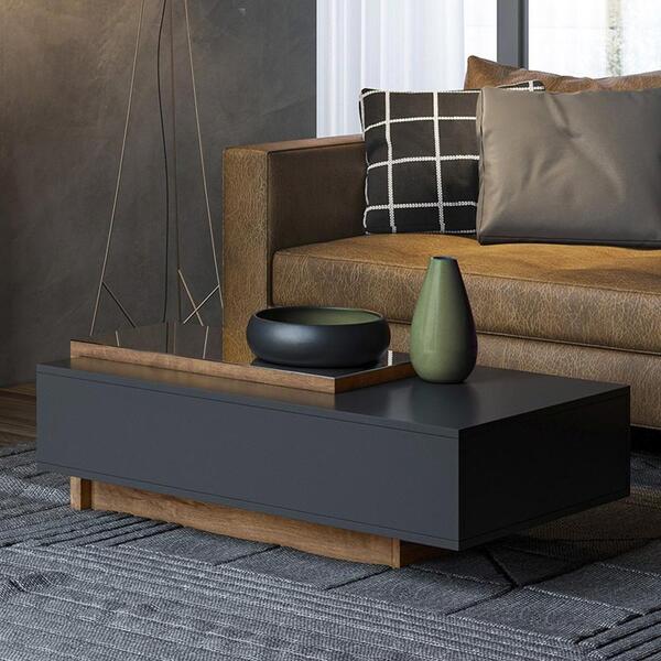 Mesa De Centro Retangular Com Espelho Preto E Amêndoa