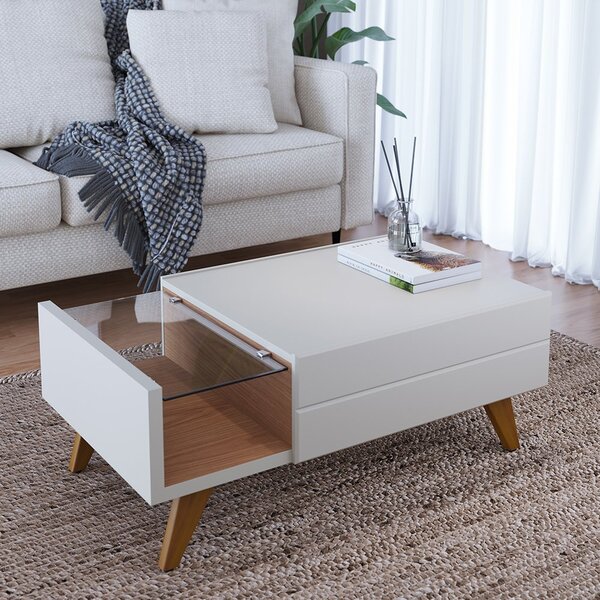 Mesa De Centro Retangular Com Vidro Pés Madeira Maciça Noronh