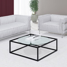 Mesa De Centro Sala 84x84x35cm Aço Preto E Vidro Industrial M