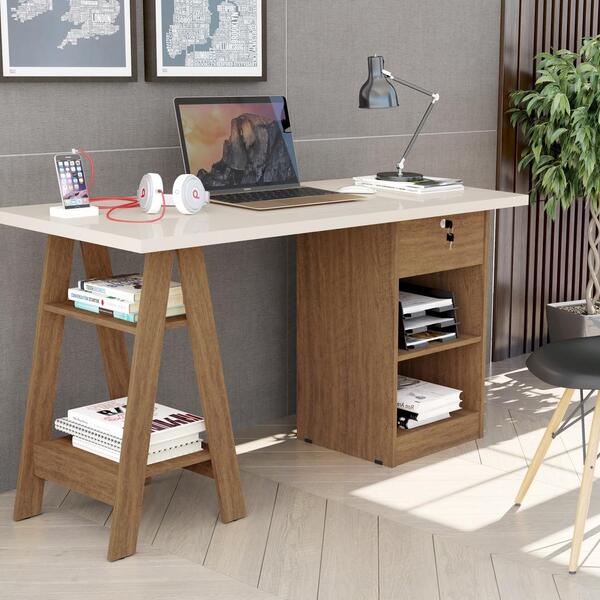Mesa De Computador Pote Off White E Canela