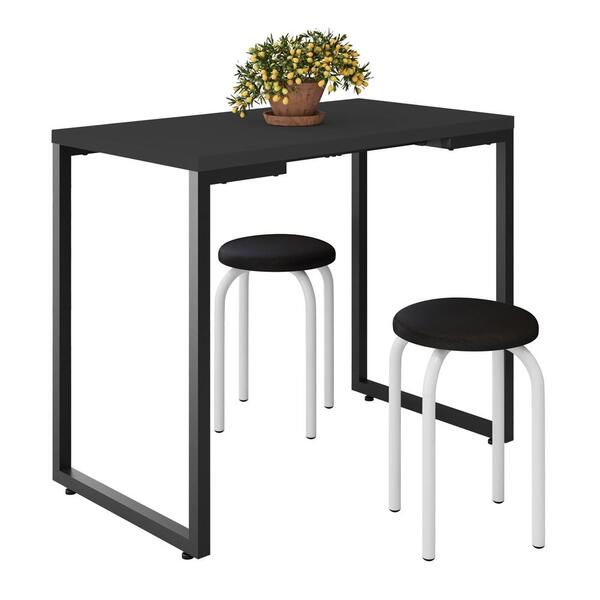 Mesa De Cozinha Bistrô Porto Preto 90cm Com 2 Banquetas Indus