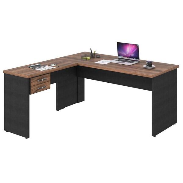Mesa De Escritório Em L 160x160 2 Gavetas Nogal/preto Ônix
