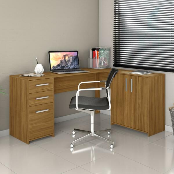 Mesa De Escritório Em L 2 Gavetas 3 Portas Havana Notável Fre