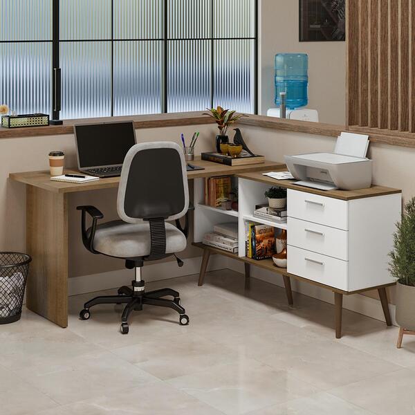 Mesa De Escritório Em L 3 Gavetas Branco/rustic Lisboa Madesa