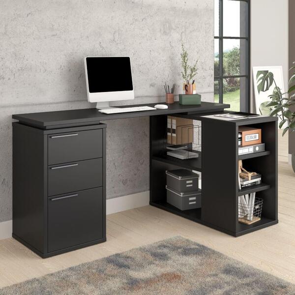 Mesa De Escritório Em L Com 2 Gavetas E 5 Nichos - Preto