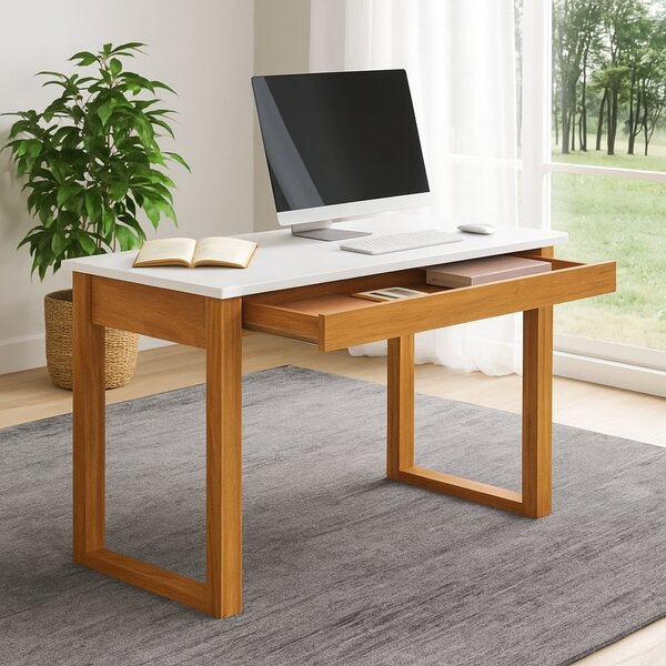 Mesa De Escritório Em Off White E Freijó 1 Gaveta 118cm Indus