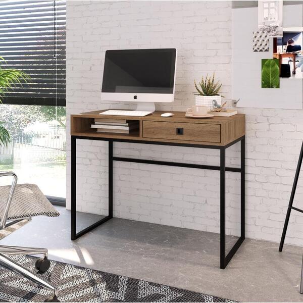 Mesa De Escritório Industrial 1 Gaveta E 1 Nicho Mel Preto