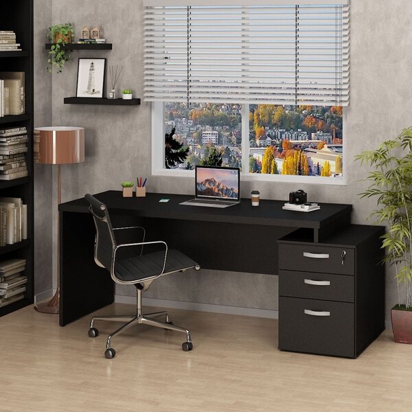 Mesa De Escritório Pedestal 3 Gavetas 190cm Preto Preto